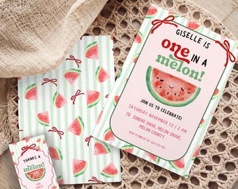 Watermelon First Birthday Invitation | One In A Melon Invite | 1st Birthday Party Theme Fruit | Watermelon Bundle | Editable Canva Template
