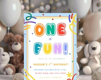 Colorful First Birthday Invitation | One is Fun Invite | 1st Birthday Party Fun to Be One Invitation | Primary Colors 1st Birthday Template