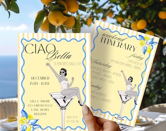 Invitación para despedida de soltera Ciao Bella / Invitación estilo Dolce Vita costera / Invitación para despedida de soltera con temática italiana / Plantilla Canva para despedida de soltera estilo Amalfi