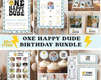 One Happy Dude Birthday Invitation Bundle | Neutral Blue Smiley Face Invite | Retro Boy 1st Party Decor Kit | Editable Canva Template