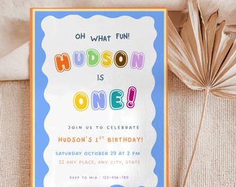 Kleurrijke eerste verjaardagsuitnodiging | Fun To Be One Uitnodiging voor 1e verjaardag | Eén is leuk | Kinderuitnodiging Rainbow Color Pop | Canva-sjabloon