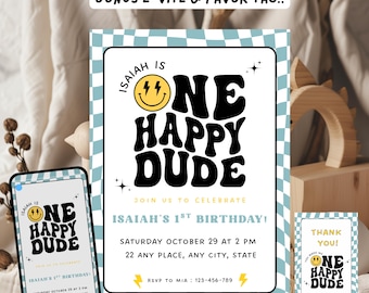 One Happy Dude First Birthday Invitation Bundle | Neutral Blue Smiley Face Invite | Retro One Happy Dude Bundle | Editable Canva Template