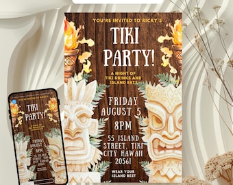 Tiki Birthday Invitation | Hawaiian Luau Party Invite | Tropical Beach Party Invite | Editable Canva Template