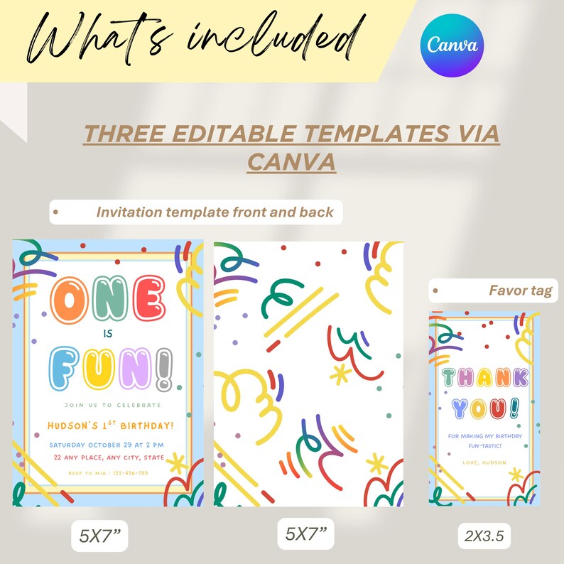 Colorful First Birthday Invitation | One is Fun Invite | 1st Birthday Party Fun to Be One Invitation | Primary Colors 1st Birthday Template image 4