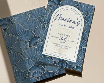 Coastal Beach Birthday Invitation | Blue Seashell Theme | Editable Canva Template (5x7)