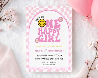 One Happy Girl First Birthday Invitation | Neutral Pink Smiley Face Invite | Retro Girl 1st Party | Editable Canva Template 5x7