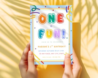 Colorful First Birthday Invitation | One is Fun Invite | 1st Birthday Party Fun to Be One Invitation | Primary Colors 1st Birthday Template