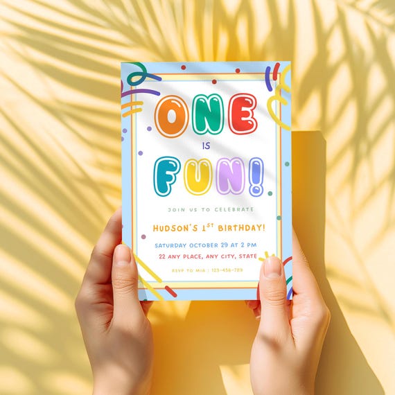 Colorful First Birthday Invitation | One is Fun Invite | 1st Birthday Party Fun to Be One Invitation | Primary Colors 1st Birthday Template