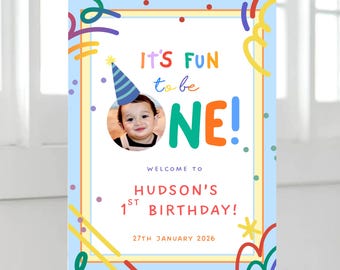 Colorful Doodle First Birthday Welcome Sign, Fun to Be One Party Sign, Rainbow Personalised Photo Birthday Poster, Editable Canva Template