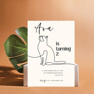 Elegant Cat Birthday Invitation | Minimalist Kitten Pet Party | Canva Template | Digital Download 5x4