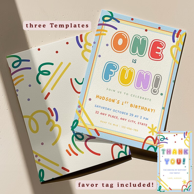 Colorful First Birthday Invitation | One is Fun Invite | 1st Birthday Party Invite | Rainbow Pastel Color Pop Kids Invite | Canva Template on Etsy