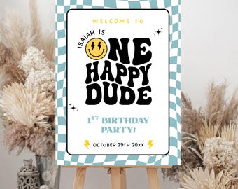Letrero de bienvenida "Un tipo feliz" / Letrero de cumpleaños "Un tipo feliz" / Tablero de bienvenida con cara sonriente azul neutral / Plantilla de Canva / Descarga instantánea