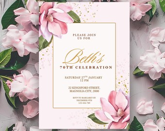 Inbjudan till 70-årsdag för kvinnor, digital 70-årsdagsinbjudan, inbjudan till minimalistiska Magnolia-blommor, guldrosa och lila blommönster, Canva-mall