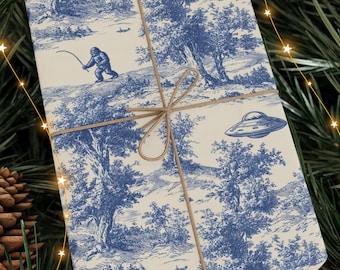 Bigfoot Alien Blue Toile Pattern Wrapping Paper, Bigfoot Believer Vintage Scenic Gift Wrap, UFO Cottagecore Glossy Matte Paper