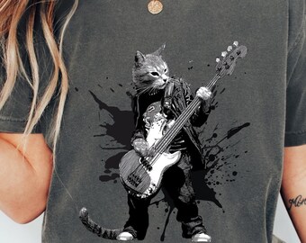 Cat Playing Guitar Comfort Colors Tee Sweatshirt, Rock Lovers Shirt, Funny Cat Lover Adult T-shirt Crewneck Shirt, Rocker Gifts