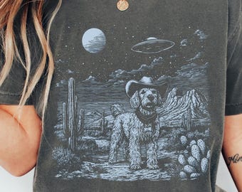 UFO Golden Doodle Comfort Colors Tee, Vintage Dog UFO Western Sweatshirt, Wild West Meme Dog Lover Adult T-shirt, Retro Cowboy Dogful Shirt
