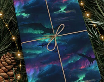 Aurora Flying Dragons Wrapping Paper, Iridescent Ocean Wave, Northern Lights Bookish Gift Wrap