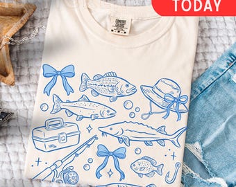 Coquette Fishing Girl Women Blue Comfort Colors® T-Shirt, Fishing Gear Coquette Doodle Tee