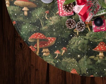 Moss Mushroom Rustic Woodland Forest Christmas Decor Tree Skirt, Woodland Holiday Decoration Magical Fairy Tale Theme Christmas Tree Skirt