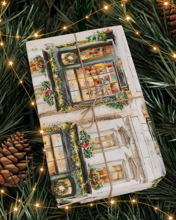 Cozy Bookstore Vintage Christmas Watercolor Wrapping Paper, Xmas Bookish Book Lover Gift Wrap Packaging