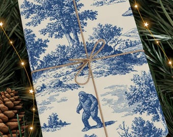 Bigfoot Blue Toile Pattern Wrapping Paper , UFO Vintage Floral Gift Wrap Roll, Sci-fi Fan Bigfoot Alien Toile Matte Glossy  Paper
