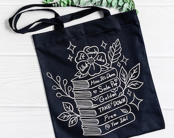 K-Pop Demon Hunters Book Stack Cotton Canvas Tote Bag, K-Pop Song List Book Stack Bag, K-Pop Lover Tote, Demon Hunter Tote Bag, Cotton