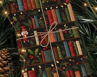 Nutcracker Bookshelf Gift Wrapping Papers, Nutcracker Book Lover Christmas Lights Gift Wrap Paper