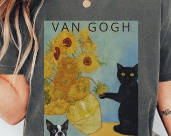 Van Gogh Sunflowers Black Cat Comfort Colors Tee Sweatshirt, Funny Boston Terrier Adult Youth T-shirt Sweatshirt Hoodie