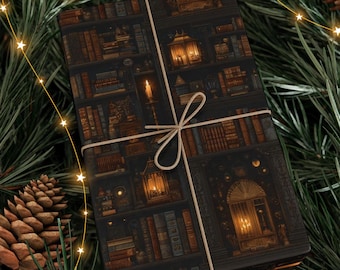 Book Nook Dark Academia Bookshelf Seamless Pattern Book Worm Wrapping Papers, Candle Lit Dark Library Gift Wrap, Book Lover Gift Wrap