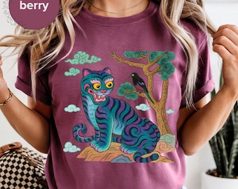 K-Pop Mythical Tiger and Magpie Unisex T-Shirt, Korean Pop Fan Gift, Graphic Tee, Animal Lover Shirt, Mythical Creatures Top, Asian Culture