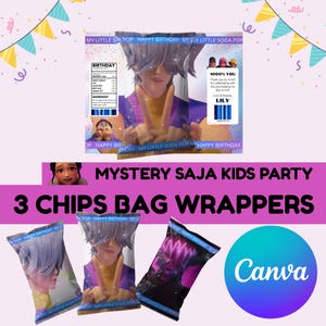Mystery Saja Verjaardagsfeestje Chips Bag Digitale Wrapper, Mystery Saja Boys K-pop Demon Hunters Party Chips Bag Digitale Canva Wrapper