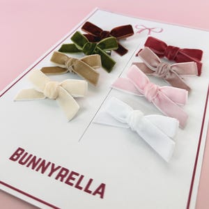 May include: A set of eight velvet hair bows in various colors, including brown, green, tan, pink, and white. The bows are arranged on a white card with the brand name "BUNNYRELLA" printed in burgundy.
