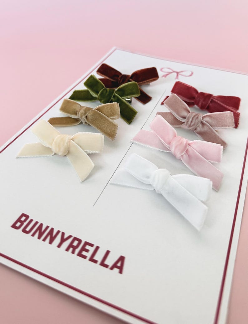 May include: A set of eight velvet hair bows in various colors, including brown, green, tan, pink, and white. The bows are arranged on a white card with the brand name "BUNNYRELLA" printed in burgundy.