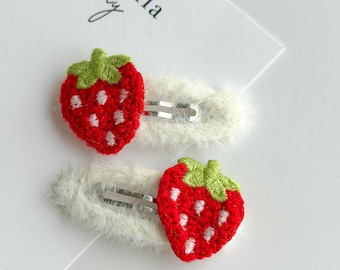 Strawberry Embroidered Fuzzy Baby Snap Hair Clips
