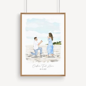 Könnte beinhalten: Aquarelldruck einer Heiratsantragsszene am Strand. Ein Mann kniet nieder und präsentiert einer Frau in einem blauen Kleid einen Ring. Das Kunstwerk ist in einem hellen Holzrahmen gerahmt, mit dem Text "Custom Text Here" und dem Datum "08.10.2025" am unteren Rand.