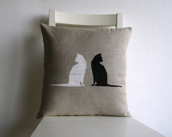 White cat, Black Cat  print 16 x 16 linen cushion cover