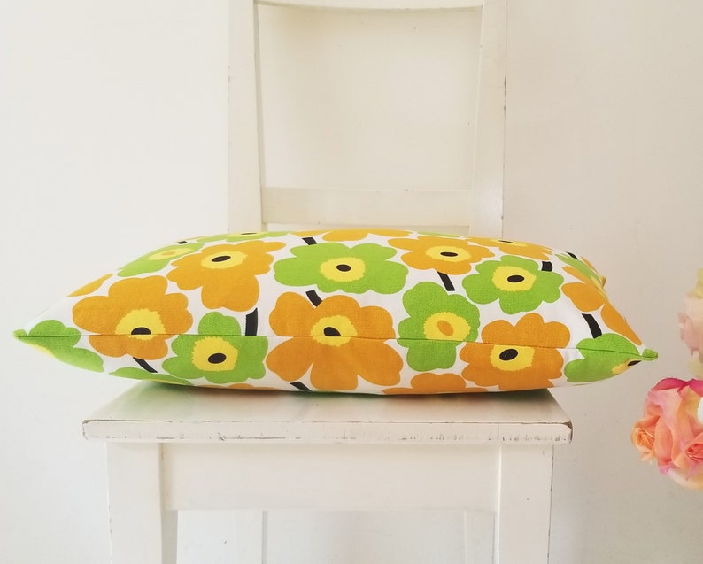 Lumbar 21 x 12 Marimekko Pieni Unikko cotton canvas. Yellow and Lime Poppies pillow cover image 6