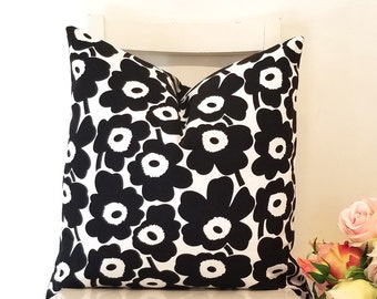18 x 18 Marimekko Pieni Unikko cotton canvas. Black poppies pillow cover