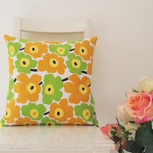 16 x 16 Marimekko Pieni Unikko cotton canvas. Yellow and Lime Poppies pillow cover