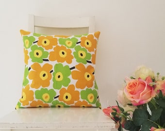 16 x 16 Marimekko Pieni Unikko cotton canvas. Yellow and Lime Poppies pillow cover