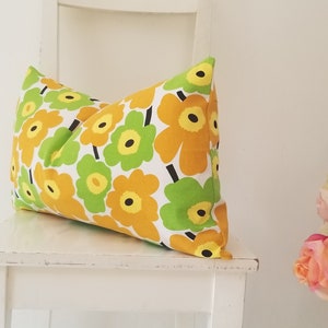 Lumbar 21 x 12 Marimekko Pieni Unikko cotton canvas. Yellow and Lime Poppies pillow cover image 2