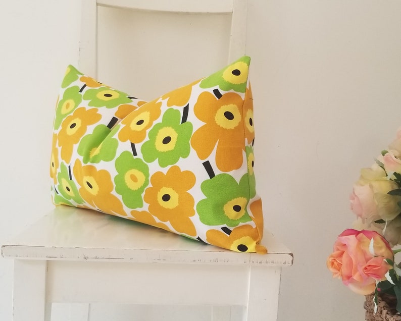 Lumbar 21 x 12 Marimekko Pieni Unikko cotton canvas. Yellow and Lime Poppies pillow cover image 2