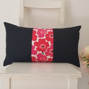 Lumbar 21 x 12 Marimekko Pieni Unikko cotton canvas. Red Poppies pillow cover