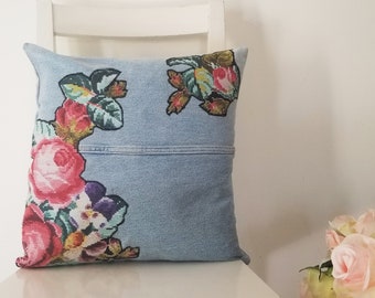 16" x 16" Recycled Jeans Cushion Cover with a Floral Patch
