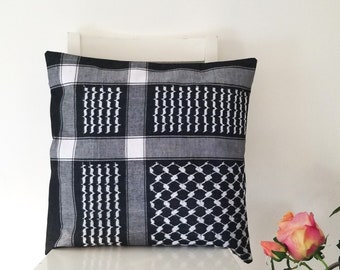 18 x 18 Palestinian Black and White Keffiyeh Cushion Cover - Upcycled Traditional Shemagh.