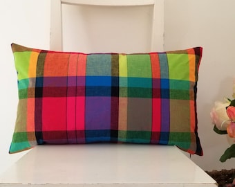 21" x 12" Madras West Indian Guadeloupe Martinique Plaid Fabric Pillow Cover