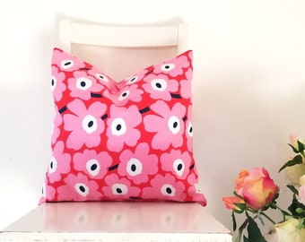 16 x 16 Marimekko Pieni Unikko Cotton Canvas. Red and Pink Poppies Pillow Cover