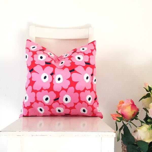 16 x 16 Marimekko Pieni Unikko Cotton Canvas. Red and Pink Poppies Pillow Cover