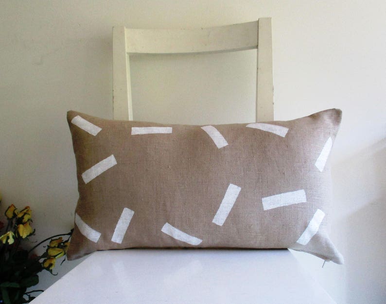 Lumbar Cushion Cover 21 X 12 White Rectangles on Linen Etsy