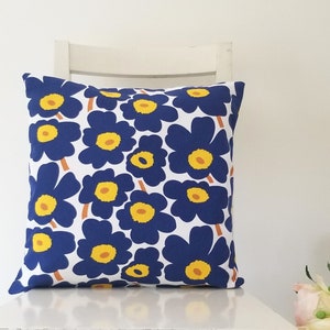 18&quot; x 18&quot; Marimekko Pieni Unikko cotton canvas. Blue Poppies pillow cover